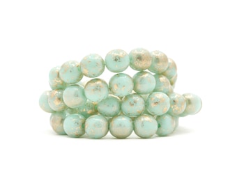 Opaque Mint & Gold Foil 6mm Druk Beads, Pressed Czech Glass Bead-Making Supplies, 25 Beads