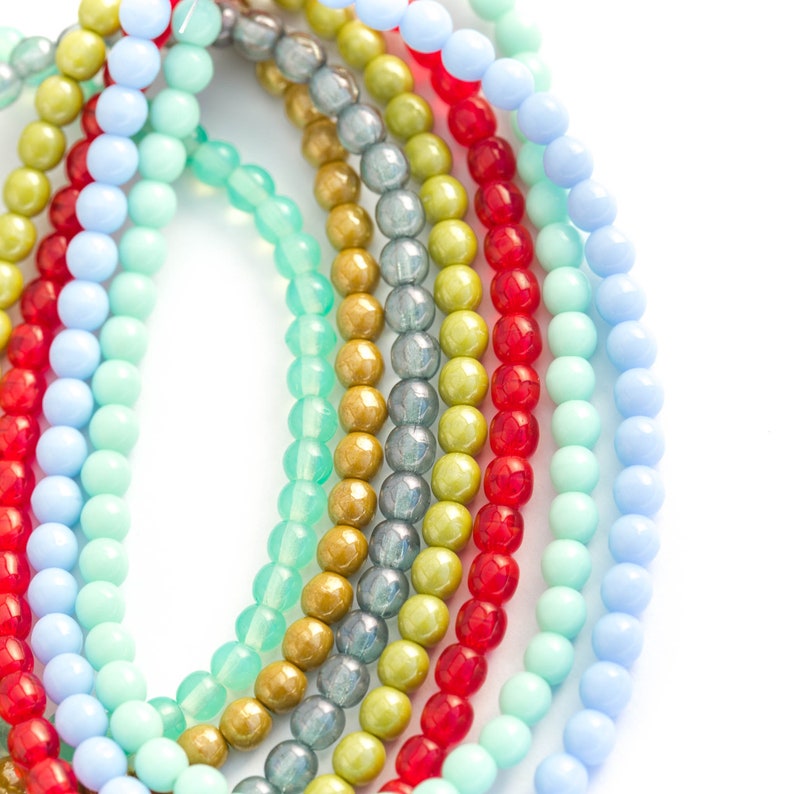 4mm x 50pc Pressed Czech Glass Ceylon Druk Beads Translucent Blue Denim Lustre Smooth Round Spacer Beads
