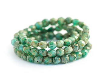 4mm Czech Glass Picasso Beads, Aqua Turquoise Round Beads, Faceted Jewelry Beads, Fire-Polished Bead Spacers x 50pcs