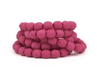 Round Spacer Beads, Saturated Fuchsia Rose, Dark Pink, Matte Opaque, Fire-Polished Faceted Czech Glass, 4mm x 50pcs