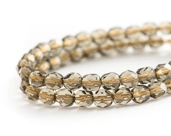 Gold Lined Light Smoky Topaz Faceted Round Spacer Beads, Translucent Fire-Polished Czech Glass, 6mm x 25pcs