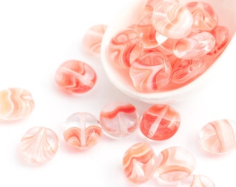 Strawberries & Cream Bevelled Oval Beads, Pressed Hurricane Czech Glass, Translucent Crystal / Red Coral / White, 9x10mm x 20pcs