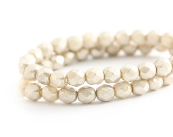 Opaque Faceted Round Spacer Beads, Beige Silver Champagne Fire-Polished Czech Glass, 6mm x 25pcs