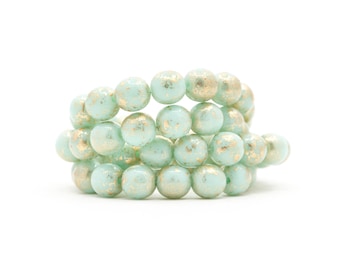 Opaque Mint & Metallic Gold 6mm Druk Beads, Pressed Czech Glass Bead-Making Supplies, 25 pcs