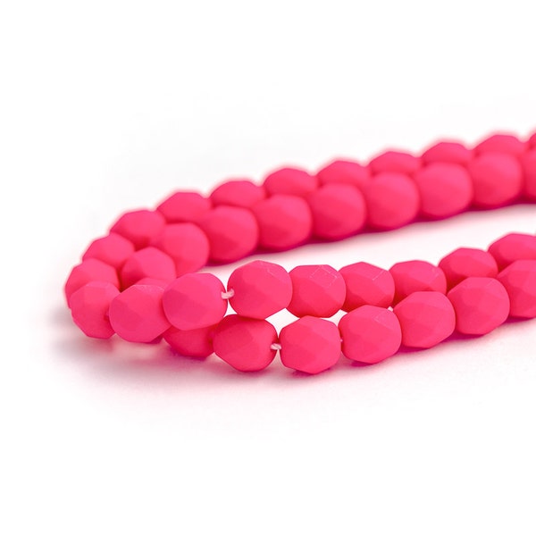 Hot Pink Neon Matte Fire Polished Czech Glass Beads, Opaque Saturated Colour, Round Spacer Beads, 6mm x 25pc