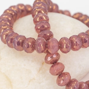 Rosewood Pink Czech Glass Micro Macramé Beads, Tiny Fire-Polished Faceted Donut Rondelles, Translucent w/ Gold Pearl Lustre, 5x3mm - 30 pcs