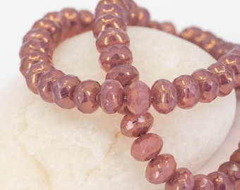 Rosewood Pink Czech Glass Micro Macramé Beads, Tiny Fire-Polished Faceted Donut Rondelles, Translucent w/ Gold Pearl Lustre, 5x3mm - 30 pcs