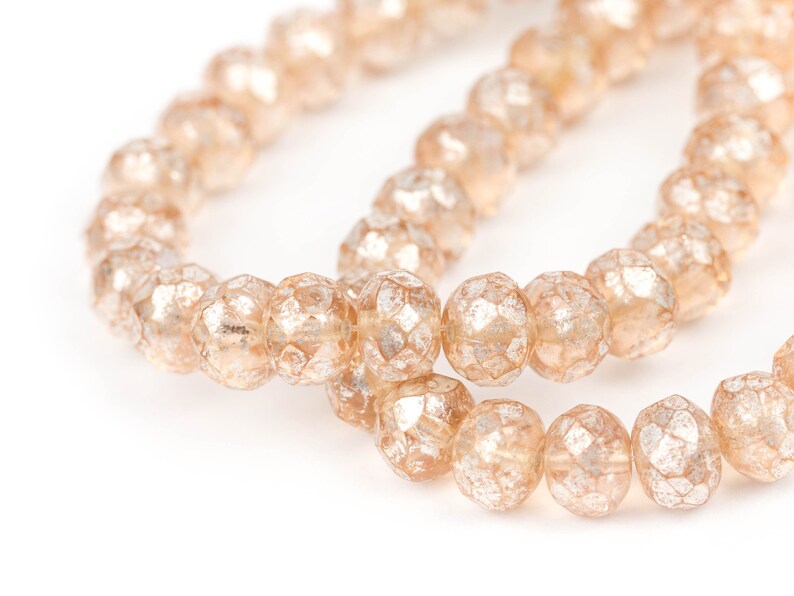 Czech Glass Beadwork Supplies, Fire-Polished Faceted Rondelle Beads, Translucent Peach with Light Silver Mercury Finish | 7x5mm - 10pcs image 3