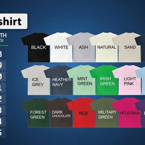 May include: A Gildan Adult T-shirt color chart displaying twenty-three shirt colors with labels including Black, White, Ash, Natural, Sand, Navy, Dark Heather, Maroon, Ice Grey, Heather Navy, Mint Green, Irish Green, Light Pink, Light Blue, Royal, Violet, Forest Green, Dark Chocolate, Red, Military Green, Heliconia, Purple, Lilac, and Orange, alongside a size chart in inches.
