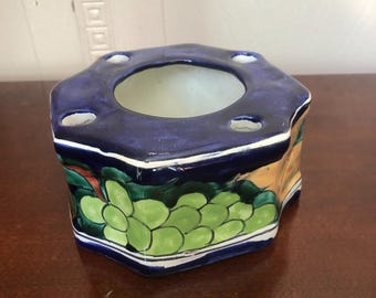 Vintage Italian Majolica Flower Frog Vase or Toothbrush Holder – Hand Painted Fruit Pottery, Farmhouse Table Decor