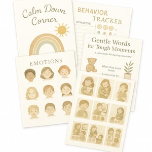 Może przedstawiać: Zestaw beżowych kart z tekstem i ilustracjami. Karty zawierają "Calm Down Corner" ze słońcem i tęczą, "Behavior Tracker" oraz "Gentle Words for Tough Moments". Inne karty przedstawiają ilustracje emocji i ludzi.