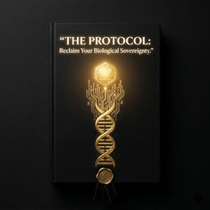 Może przedstawiać: Czarna książka zatytułowana "THE PROTOCOL: Reclaim Your Biological Sovereignty." Okładka zawiera złoty geometryczny wzór ze strukturą DNA i elementami obwodu drukowanego. Złota pieczęć i wstążka znajdują się na dole.