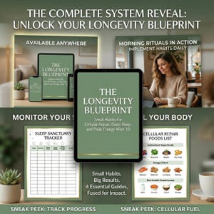 May include: An advertisement for "The Longevity Blueprint" is displayed on a tablet, phone, and printouts. The text includes "Small Habits for Cellular Repair, Deep Sleep, and Peak Energy After 30." The ad also shows a woman working on a laptop and a list of foods.