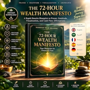 May include: A digital book titled The 72-Hour Wealth Manifesto with a dark green cover featuring a glowing light held in hands. The cover includes the text Manifest Your Millions and Your Blueprint for Financial Flow, surrounded by icons and text.