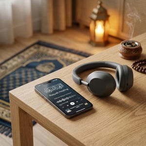 May include: A smartphone displaying the text "Ruqyah Healing" and a music waveform sits on a wooden table next to gray headphones. A prayer rug and a decorative lantern are in the background.