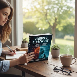 May include: A person holds a book titled "ZERO CHAOS" with a blue and orange cover. The book's cover displays the title, a brain illustration, and the text "How to Rewire Your Brain for Deep Focus and Finish Everything in Half the Time."