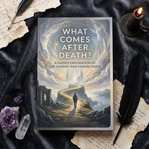 Op de afbeelding: Een boek getiteld What Comes After Death? A Guided Exploration of the Journey and Finding Peace. De omslag toont een illustratie van een persoon die over een stenen pad naar een gloeiende boog loopt onder een etherische lucht.