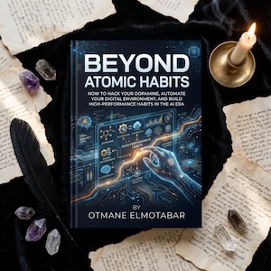 May include: A book titled Beyond Atomic Habits by Otmane Elmotabar with a dark blue cover featuring a digital interface graphic, a glowing hand icon, and text about hacking dopamine, automating digital environments, and building high-performance habits.