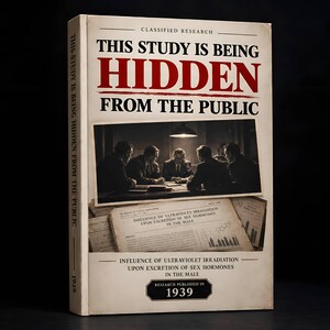 May include: A book titled THIS STUDY IS BEING HIDDEN FROM THE PUBLIC with a cover featuring a black and white photograph of five people sitting at a table and a document titled INFLUENCE OF ULTRAVIOLET IRRADIATION UPON EXCRETION OF SEX HORMONES IN THE MALE.