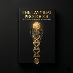 以下が含まれることがあります： 「THE TAYYIBAT PROTOCOL」と金色の文字で書かれた黒い本。幾何学的な形、回路基板、DNAストランドの金のグラフィックが特徴です。副題は「RECLAIMING BIOLOGICAL SOVEREIGNTY」です。下部には黒いリボンが付いた金のシールがあります。