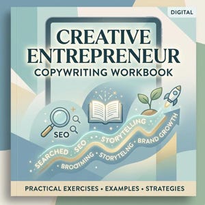 Pode incluir: Um caderno de exercícios digital intitulado "Creative Entrepreneur Copywriting Workbook" com ilustrações de uma lupa, um livro aberto, uma planta e um foguete. A capa inclui as palavras "SEO", "Storytelling" e "Brand Growth". A parte inferior diz "Practical Exercises, Examples, Strategies".