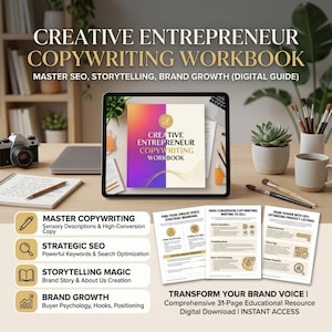 May include: A digital workbook, "Creative Entrepreneur Copywriting Workbook", displayed on a tablet. The cover has a purple, orange, and yellow gradient. Additional pages detail SEO, storytelling, and brand growth strategies. Includes the text "Digital Download | INSTANT ACCESS".