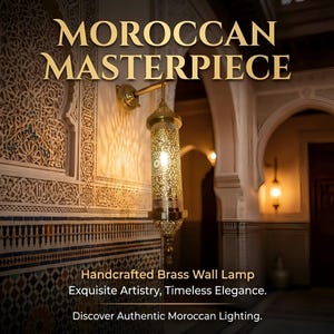 May include: A handcrafted brass wall lamp with a cylindrical, perforated shade, casting intricate light patterns. The lamp is mounted on a wall with ornate carvings, and the text "MOROCCAN MASTERPIECE" is displayed above. The lamp is part of a collection of Moroccan lighting.