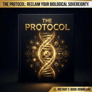 Op de afbeelding: Een boek getiteld "THE PROTOCOL" met gouden letters en een gouden DNA-strengontwerp op een zwarte achtergrond. De tekst "RECLAIM YOUR BIOLOGICAL SOVEREIGNTY" staat boven de titel. De onderkant van het boek heeft de tekst "INSTANT E-BOOK DOWNLOAD".
