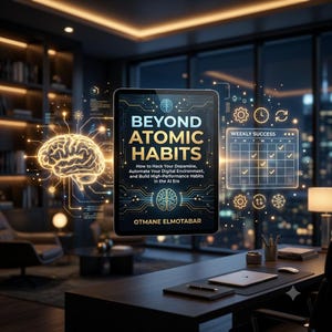 May include: A digital tablet displays the book cover for "Beyond Atomic Habits" by Otmane Elmotabar. The cover features the title in gold lettering, with a brain graphic. The image includes a weekly success chart and a glowing brain illustration.