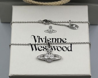 In Box 925 Silver Vivienne Westwood Necklace,CZ Diamond Saturn Pendant,Gifts for Her