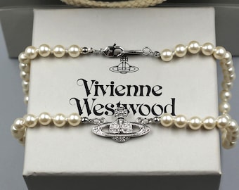 In Box 925 Silver Vivienne Westwood Necklace,CZ Diamond Saturn Pendant,Pearl Chian,Gifts for Her