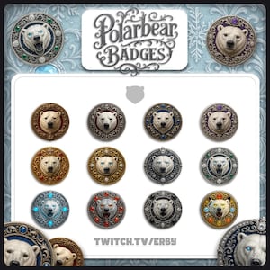 May include: A collection of polar bear badges with ornate, circular frames. Each badge features a detailed polar bear face, with variations in the frame's color and design. The text "Polarbear BADGES" is displayed above the badges. The text "TWITCH.TV/ERBY" is displayed below the badges.