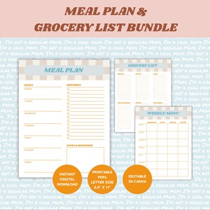 Planificador de comidas semanal y menú con lista de la compra, plantillas imprimibles, descargables y editables, diseño genial para mamás, tamaño carta 8.5" x 11"