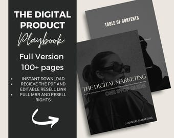 Puede incluir: Dos guías de marketing digital. La portada principal del libro muestra "The Digital Marketing One Stop Guide" con una mujer con gafas de sol. El otro libro se titula "Tabla de contenidos". El lado izquierdo tiene el texto "The Digital Product Playbook".
