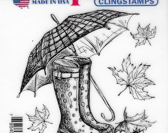 Deep Red Cling Stamps --    Galoshes and Umbrella   -- NEW -- (#3860)