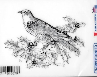 Deep Red Cling Stamps -- Bird and Holly  -- NEW -- (#2817)