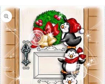 Whimsy Stamps -- Penguins Hang A Wreath -- NEW -- (#4566)