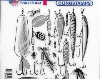 Deep Red Cling Stamps --  Fishing Lures Background    -- NEW -- (#3397)