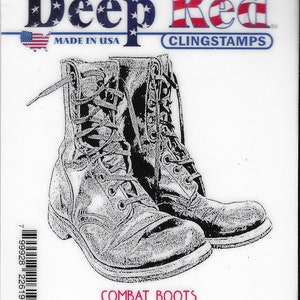 May include: A black and white image of a pair of combat boots. The boots are worn and have laces. The image is a cling stamp with the text "Deep Red Clingstamps Made in USA" and "COMBAT BOOTS SKU 4X504459 © JPS DIGITAL" at the top and bottom.