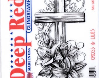 Deep Red Cling Stamps --    Cross & Lilies -- NEW -- (#4826)