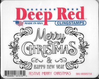 Deep Red Cling Stamps --  Festive Merry Christmas -- NEW -- (#2929)