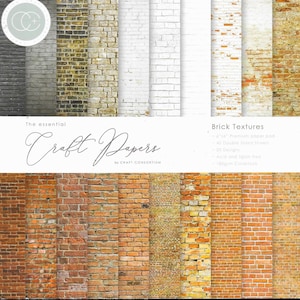 May include: A collection of craft papers featuring brick textures in various colors, including red, white, and brown. The papers are labeled "Brick Textures" and include details about the paper pad, double-sided sheets, and design count.