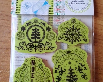 Christmas Stamp set  --  NEW  -- Folk Christmas  --  Inkadinkado Brand  --  (#1910) Noel, Christmas tree, snowflake,