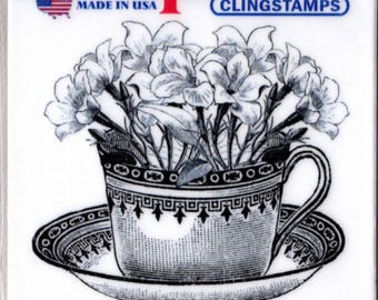 Deep Red Cling Stamps --    Teacup Flowers   -- NEW -- (#4455)