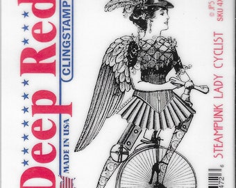 Deep Red Cling Stamps --   Steampumk Lady Cyclist    -- NEW -- (#3461)