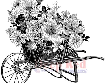 Deep Red Cling Stamps --    Wheelbarrow Bouquet   -- NEW -- (#4658)