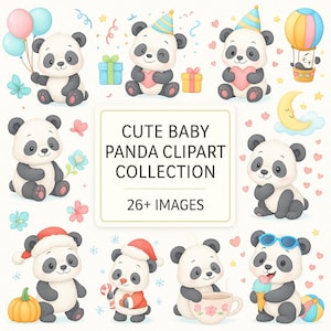 Schattige panda, aquarel clipart, babypanda, digitale png, kinderkamer png's, afdrukbare 26 transparante afbeeldingen, commercieel gebruik, babydieren clipart