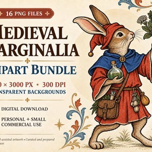 Może przedstawiać: Cyfrowy zestaw grafik clipart zatytułowany Medieval Marginalia zawierający 16 plików PNG. Obraz przedstawia królika ubranego w czerwoną tunikę, niebieską pelerynę i czerwoną czapkę, trzymającego zieloną butelkę z miksturą oraz bukiet ziół.