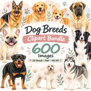 Paquete de imágenes prediseñadas de razas de perros, 600 imágenes, PNG acuarela, descarga digital, uso comercial.