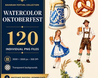 Watercolor Oktoberfest Clipart, 120 PNG Bundle, Bavarian Beer Festival, Pretzel, Dirndl & Lederhosen